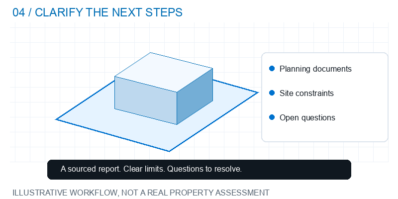 Illustrative workflow: locate a parcel, review the project, check sources and identify next steps.