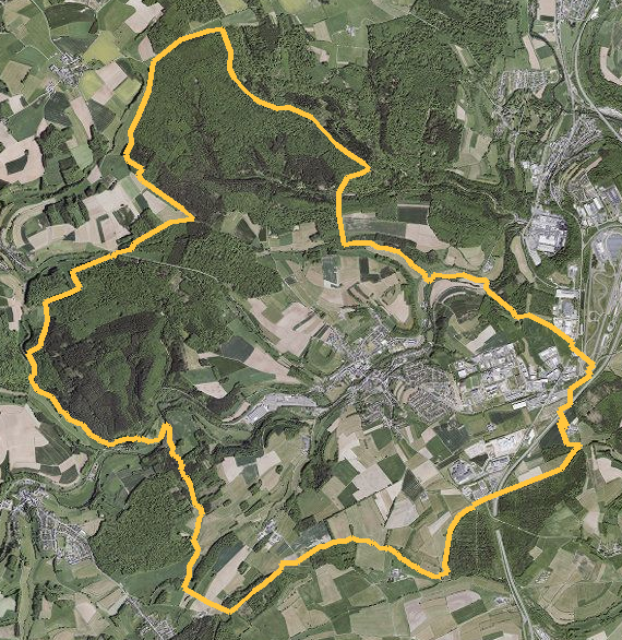 Orthophotographie officielle de la commune de Bissen (geoportail
national du Luxembourg), limites communales soulignees en ambre