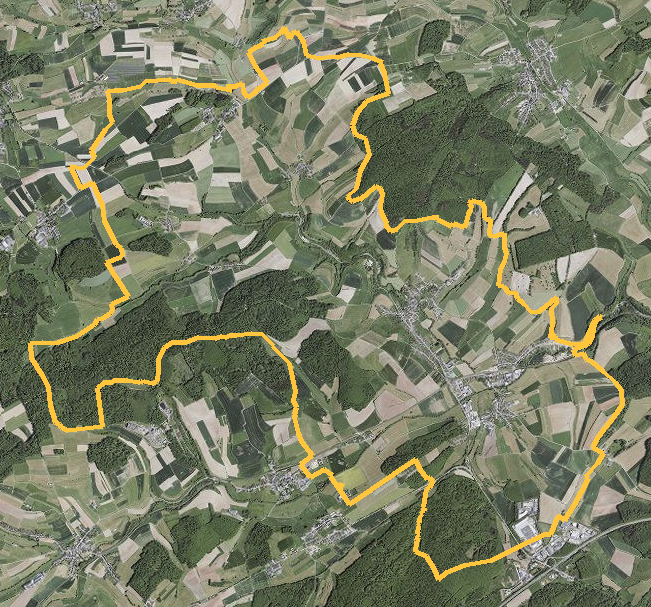 Orthophotographie officielle de la commune de Biwer (geoportail
national du Luxembourg), limites communales soulignees en ambre