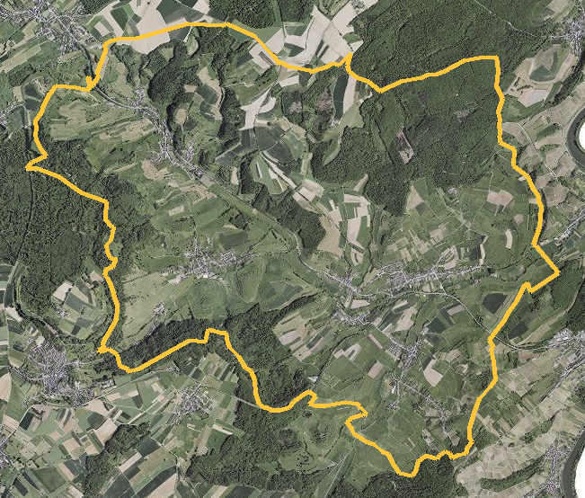 Orthophotographie officielle de la commune de Bous-Waldbredimus (geoportail
national du Luxembourg), limites communales soulignees en ambre