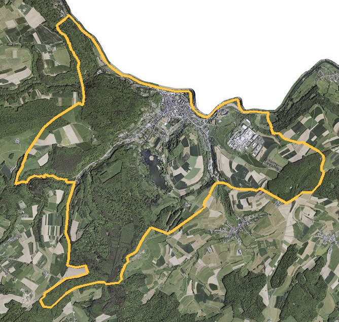 Orthophotographie officielle de la commune de Echternach (geoportail
national du Luxembourg), limites communales soulignees en ambre