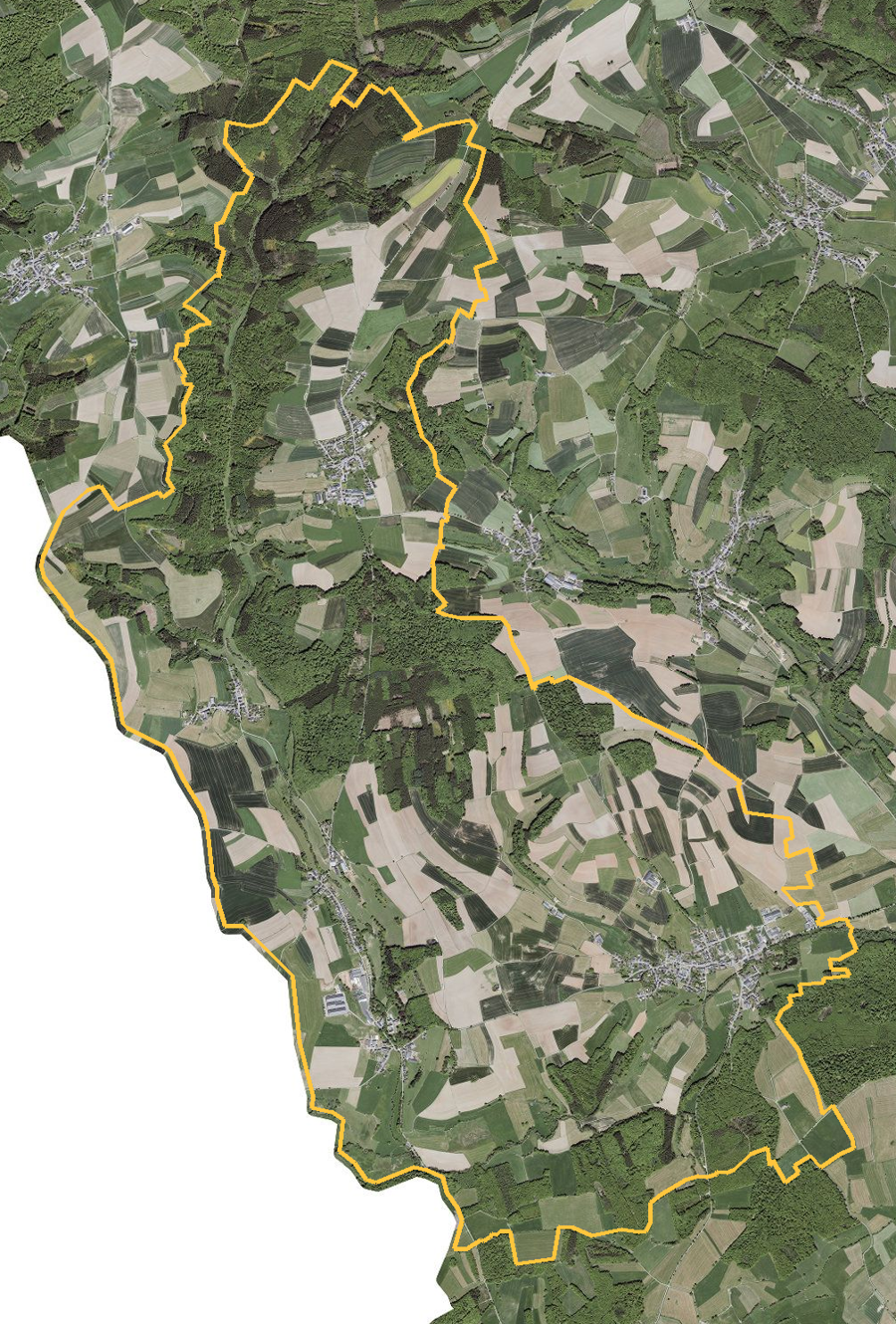 Orthophotographie officielle de la commune de Ell (geoportail
national du Luxembourg), limites communales soulignees en ambre