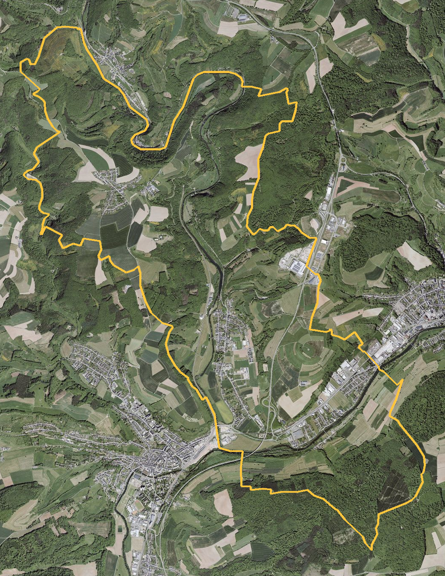 Orthophotographie officielle de la commune de Erpeldange-sur-Sûre (geoportail
national du Luxembourg), limites communales soulignees en ambre