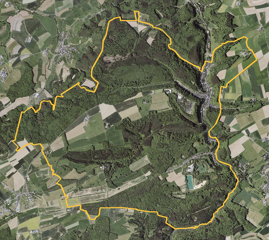 Orthophotographie officielle de la commune de Larochette (geoportail
national du Luxembourg), limites communales soulignees en ambre