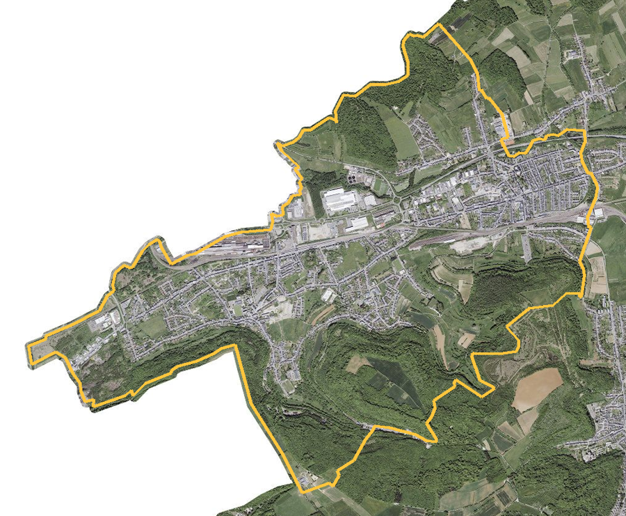 Orthophotographie officielle de la commune de Pétange (geoportail
national du Luxembourg), limites communales soulignees en ambre