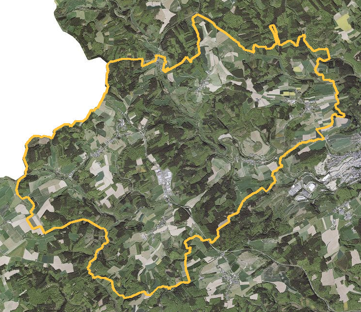 Orthophotographie officielle de la commune de Winseler (geoportail
national du Luxembourg), limites communales soulignees en ambre