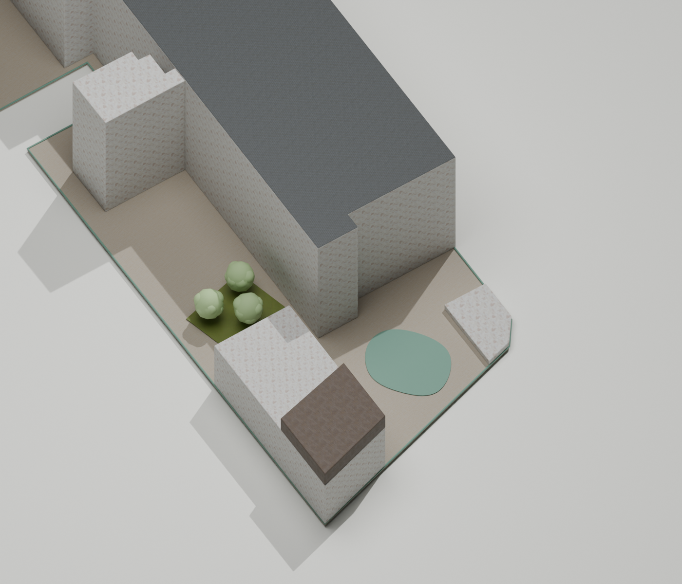 Rendu Blender de la proposition indicative côté Rancy, surélévation en bardage bois et jardin au sud du bâtiment nord-est