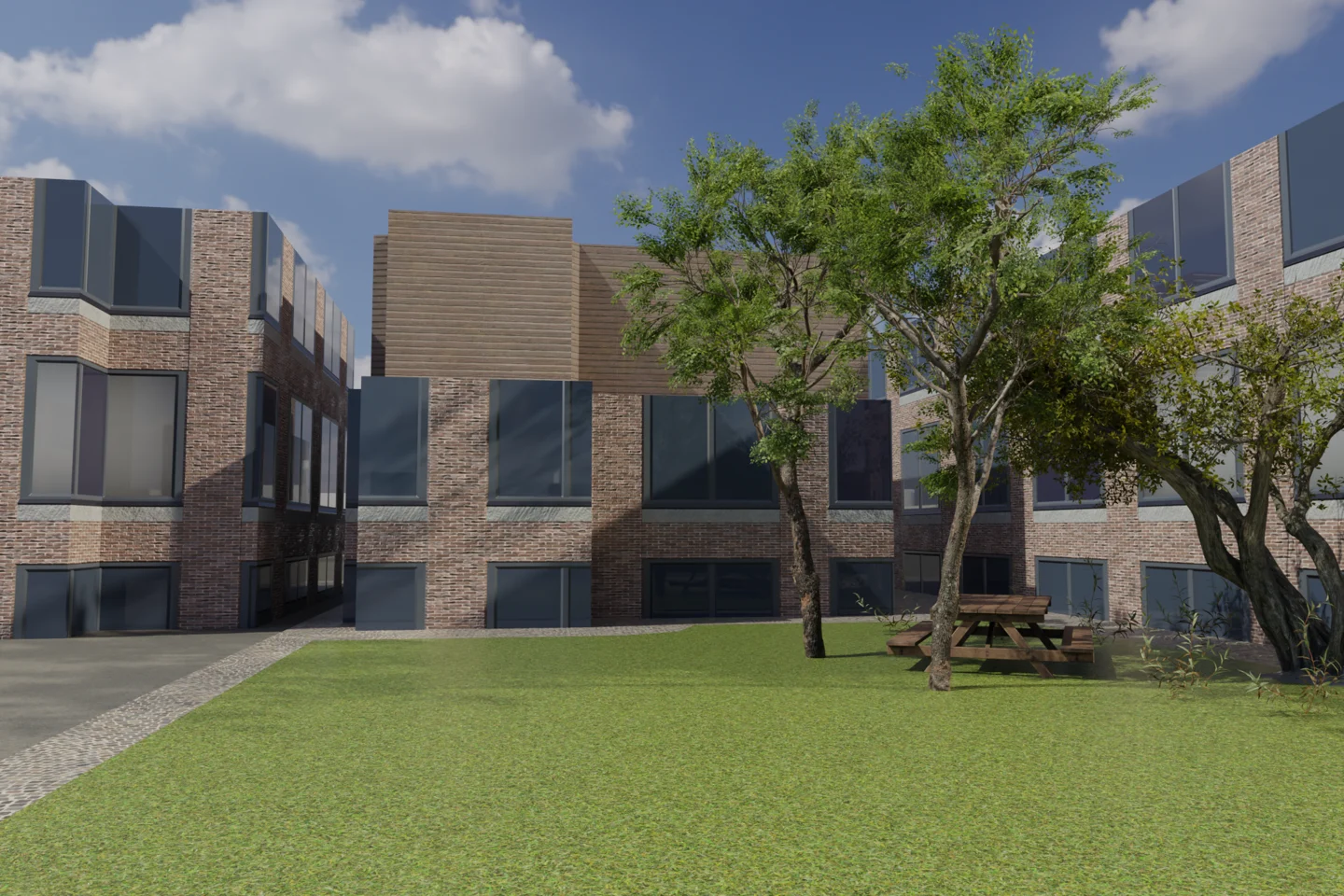 Vue d’intention du jardin et de la façade du bâtiment surélevé