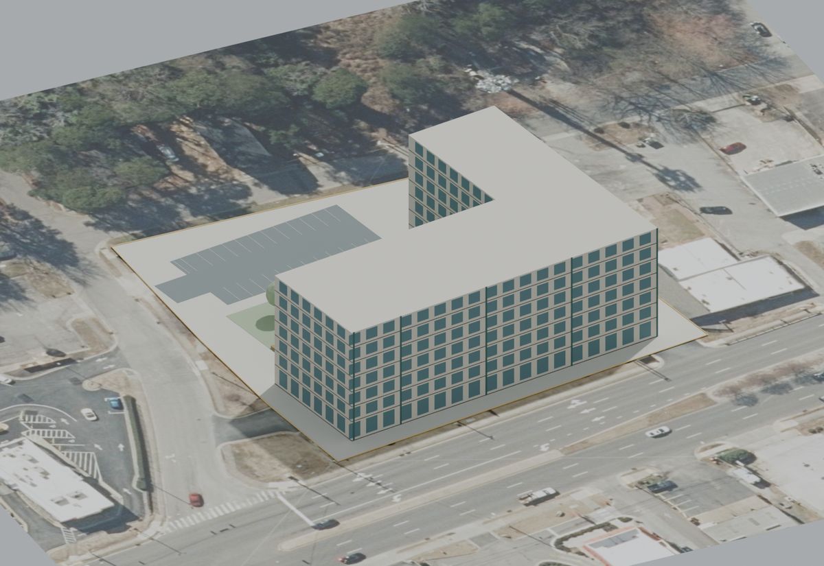 Seven-story massing concept on the 3911 Western Boulevard parcel in Raleigh, shown over aerial imagery